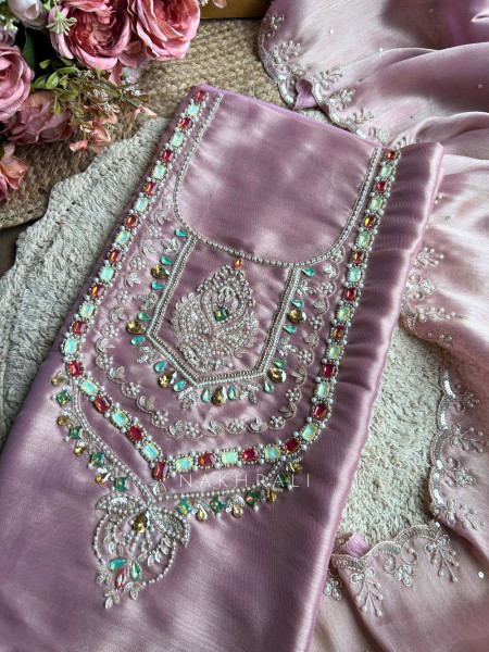 Ruvika Purple Silk Dress Material with Stone Work