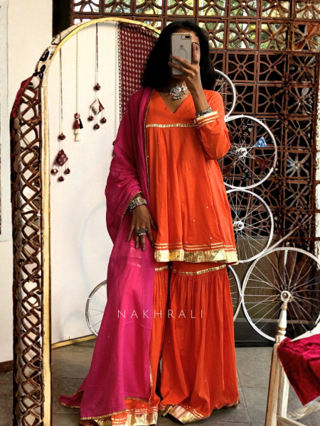 Suhira Orange Cotton Sharara Kurta Set with Gota Lace Work