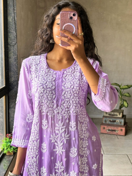 Chikra Purple Lucknowi Pant Kurta Set with Chikankari Work