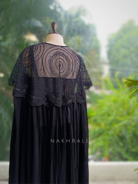 Neriah Black Indo-Western Crop Top Skirt Set with Beaded Cape