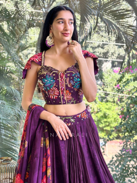 Mehar Wine Embroidered Lehenga Set with Floral Detailing