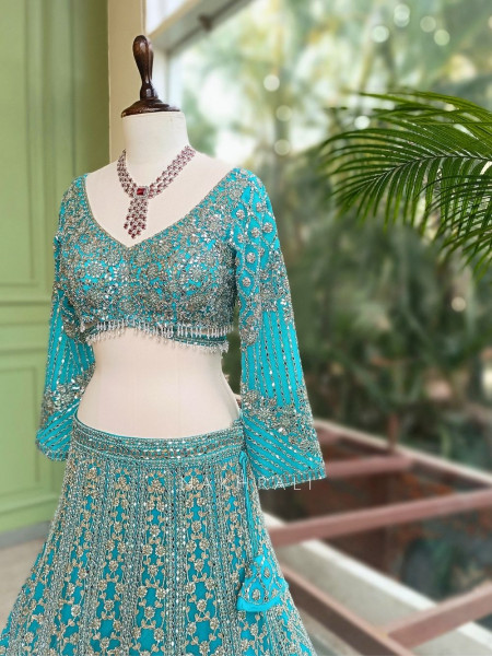 Sheesh Mahal Firozi Lehenga Set with Mirror and Heavy Embroidery Work