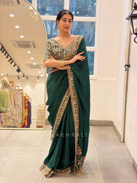 Dhruvi Bottle Green Saree with Mirror Embroidery Border