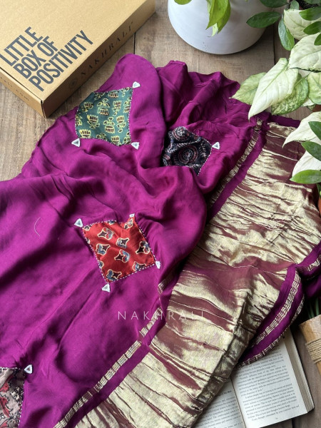 Kasha Wine Patchwork Zari Weave Saree with Running Blouse Piece
