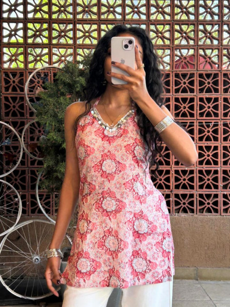Nirvika pink Cotton Short Kurti with Floral Print and Coin Lace Neck