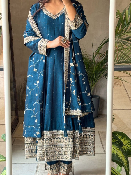 Twilight Glow Blue Anarkali Suit with Zari & Sequin Work
