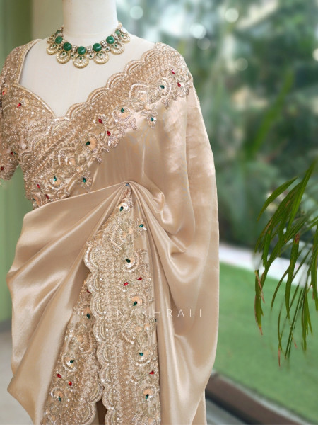 Ruby Royal Beige Raw Silk – Saree with Readymade Blouse