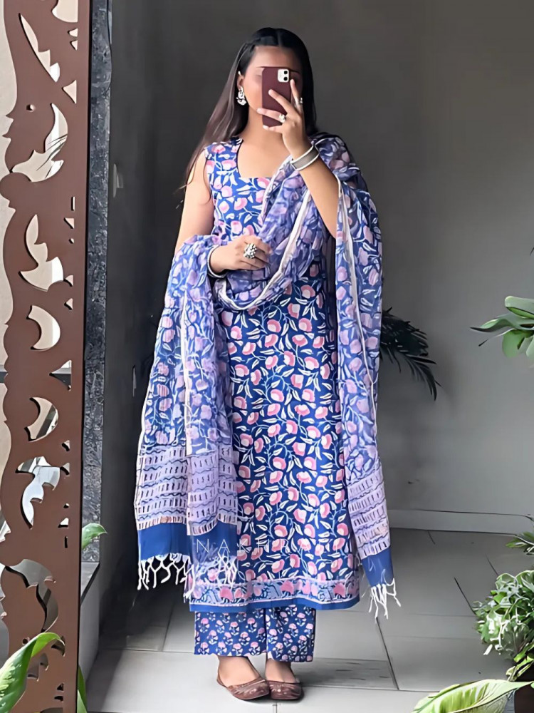 Image of Azure Bloom Blue Cotton Suit Set