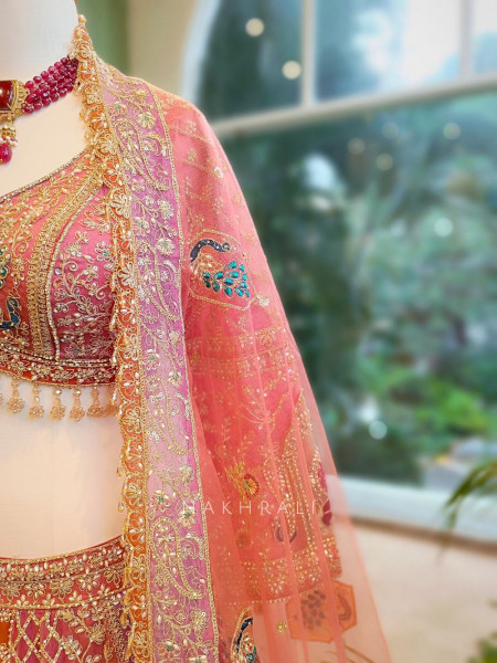Aadhira Gajari Silk Bridal Lehenga with Stone and Sequin Embroidery