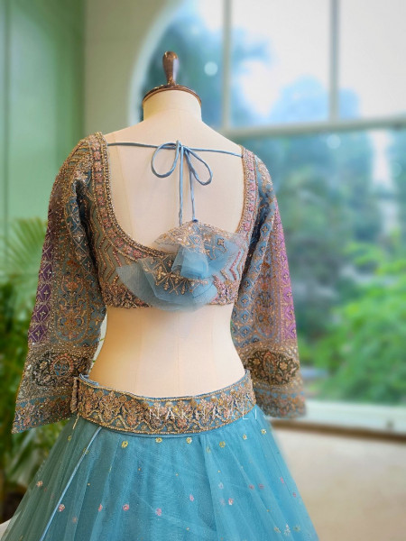 Aqua Grace Blue Net Lehenga with Embroidery & Zari Work