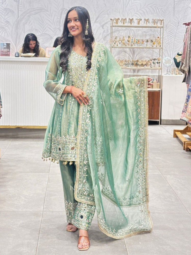 Image of Mehreen Sage Green Mirrorwork Kurta Pant Set