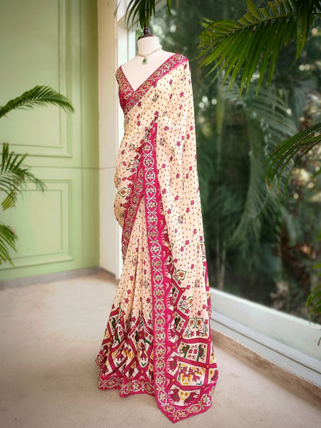 Aarunya Pink Printed Saree with Patti and Sequin Work