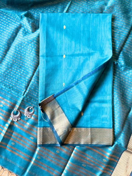 Koshika Teal Blue Maheshwari Dress Material with Zari Border