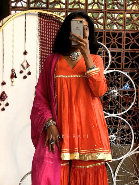 Suhira Orange Cotton Sharara Kurta Set with Gota Lace Work