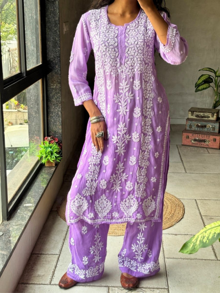 Chikra Purple Lucknowi Pant Kurta Set with Chikankari Work