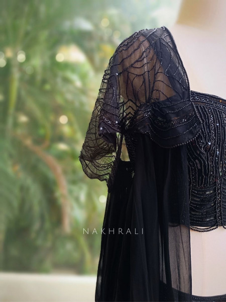 Neriah Black Indo-Western Crop Top Skirt Set with Beaded Cape