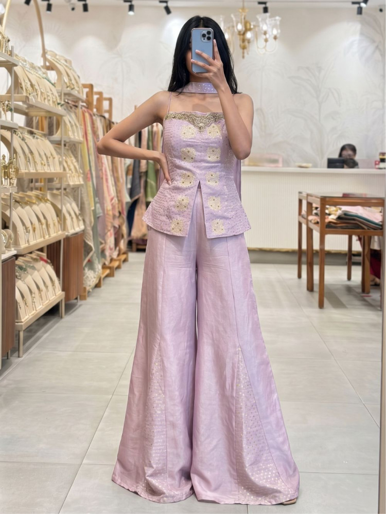 Image of Zaira Lilac Shimmer Peplum Palazzo