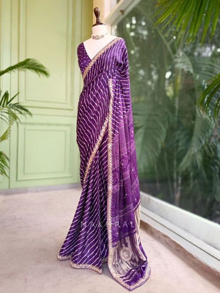 Gulnaar Purple Saree with Zari Bandhej Work