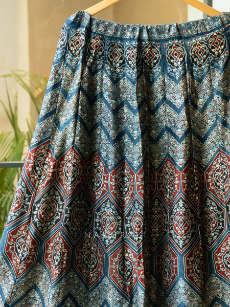 Jhoom Blue Modal Silk Ajrakh Skirt – Geometric Harmony