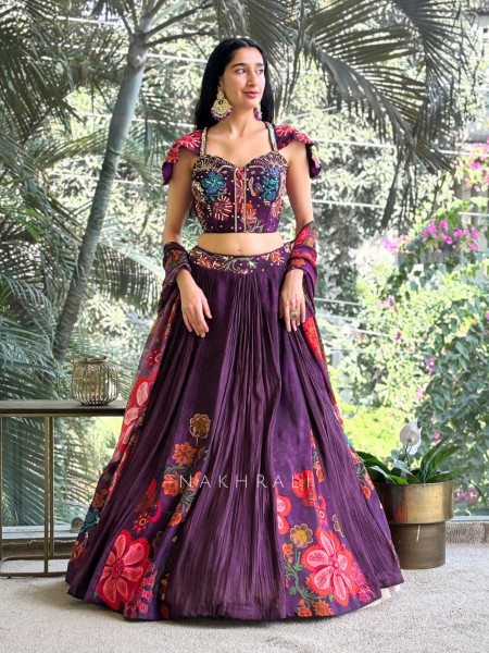 Mehar Wine Embroidered Lehenga Set with Floral Detailing