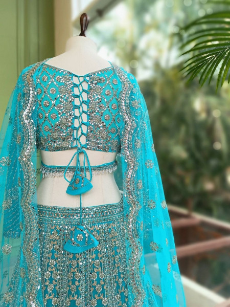 Sheesh Mahal Firozi Lehenga Set with Mirror and Heavy Embroidery Work