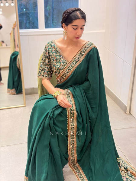 Dhruvi Bottle Green Saree with Mirror Embroidery Border