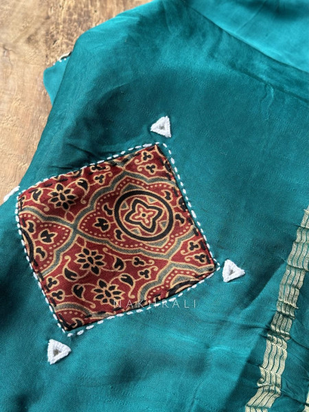 Kasha Green Patchwork Zari Weave Saree with Running Blouse Piece