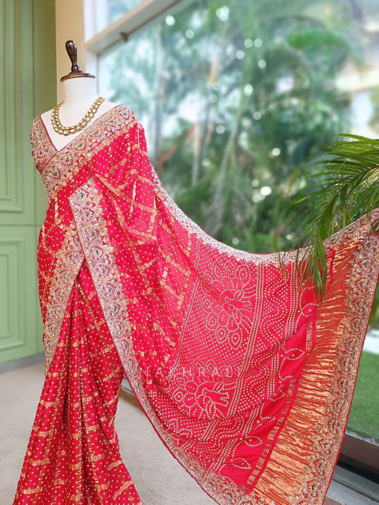 Image of Noor-E-Rangati Red Bandhani Saree with Zari Border