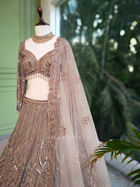 Evara Brown Zardozi Lehenga Set with Embroidered Dupatta