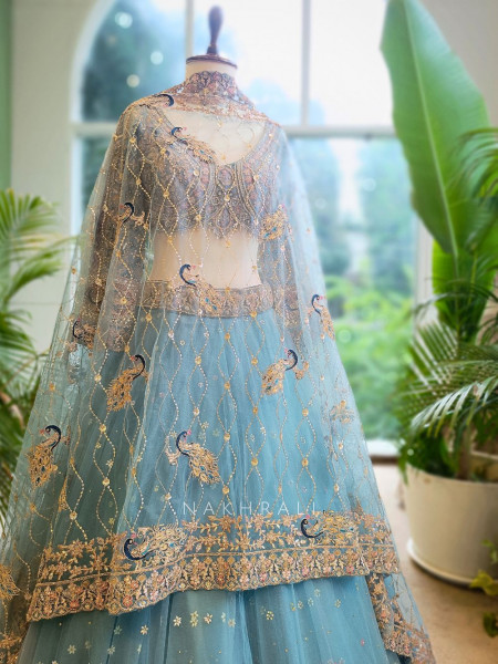 Aqua Grace Blue Net Lehenga with Embroidery & Zari Work