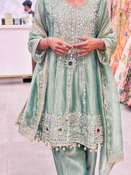 Mehreen Sage Green Mirrorwork Kurta Pant Set