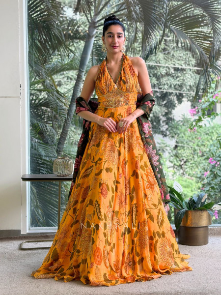 Marigold Bloom Floral Halter Neck Anarkali with Dupatta