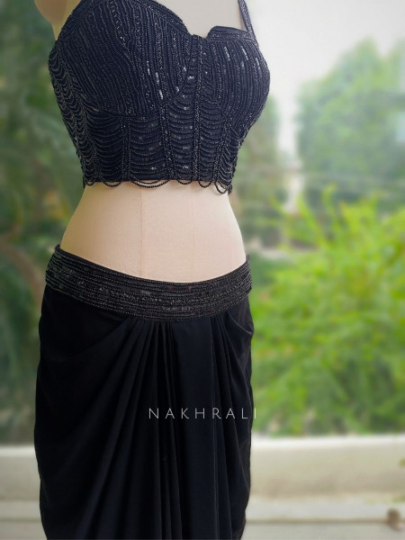 Neriah Black Indo-Western Crop Top Skirt Set with Beaded Cape