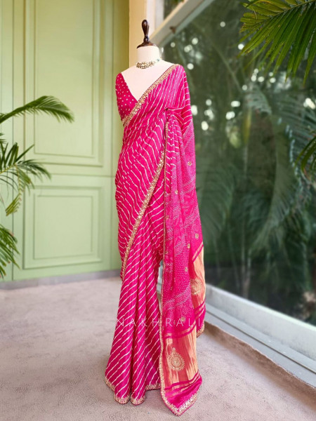 Gulnaar Pink Saree with Zari Bandhej Work