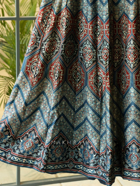 Jhoom Blue Modal Silk Ajrakh Skirt – Geometric Harmony