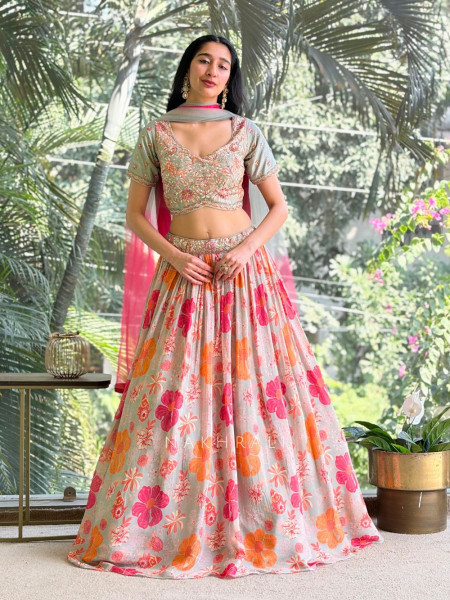 Avira Pista Green Embroidered Lehenga Set with Floral Print
