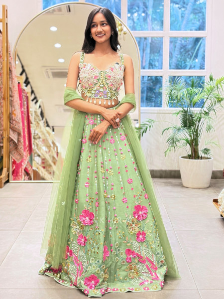 Amoret  Green Raw Silk & Tulle Carnival Lehenga Set With 3D Floral, Cutdana & Cowrie Work