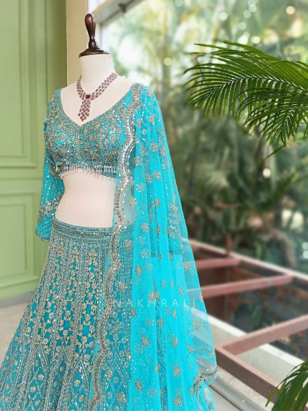 Sheesh Mahal Firozi Lehenga Set with Mirror and Heavy Embroidery Work