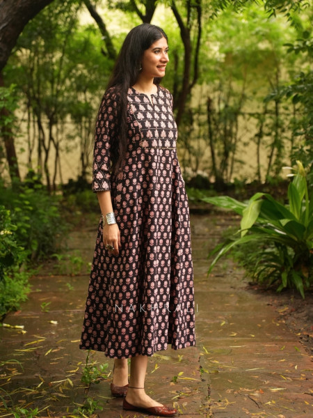 Roselume Black Cambric Cotton Midi Kurta Dress