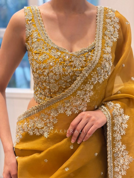 Suwarnam Mustard Tissue Silk Blend Saree with Sequin Work