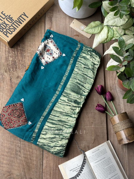 Kasha Green Patchwork Zari Weave Saree with Running Blouse Piece