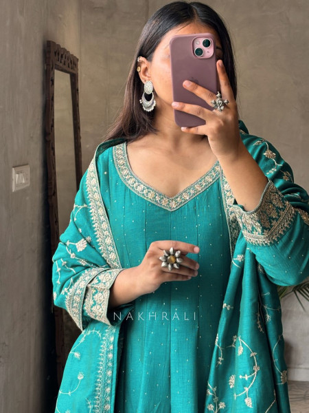 Flourite Glow Teal Anarkali Suit with Zari & Sequin Work