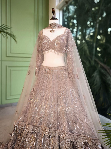 Evara Brown Zardozi Lehenga Set with Embroidered Dupatta