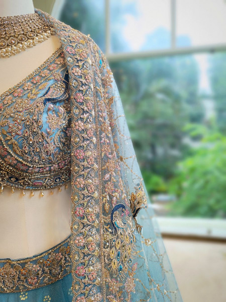 Aqua Grace Blue Net Lehenga with Embroidery & Zari Work