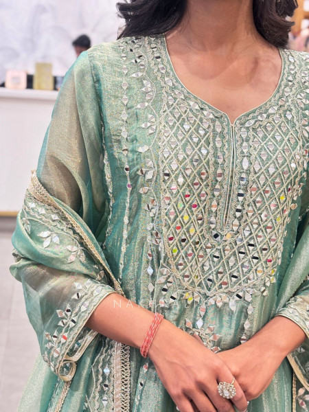 Mehreen Sage Green Mirrorwork Kurta Pant Set