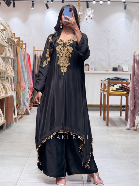 Kritisha Black Pure Chinon Silk Indo-Western Kurta Palazzo Set