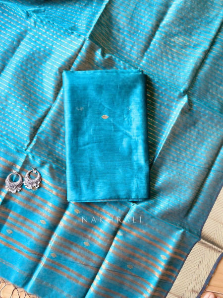 Koshika Teal Blue Maheshwari Dress Material with Zari Border