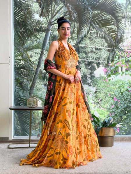 Marigold Bloom Floral Halter Neck Anarkali with Dupatta