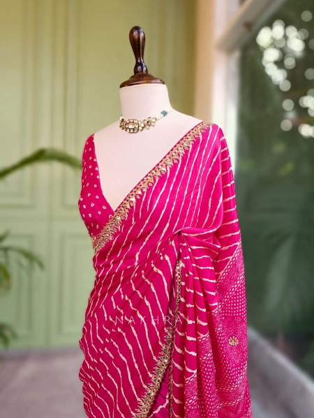 Gulnaar Pink Saree with Zari Bandhej Work