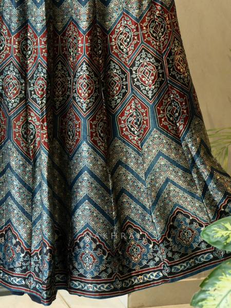 Jhoom Blue Modal Silk Ajrakh Skirt – Geometric Harmony